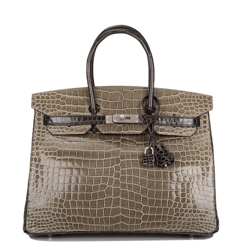 Hermès HSS Bi-Color Gris Tourterelle and Graphite Shiny Porosus Crocodile Birkin 35cm Brushed Palladium Hardware Hermès HSS Bi-Color Gris Tourterelle and Graphite Shiny Porosus Crocodile Birkin 35cm Brushed Palladium Hardware