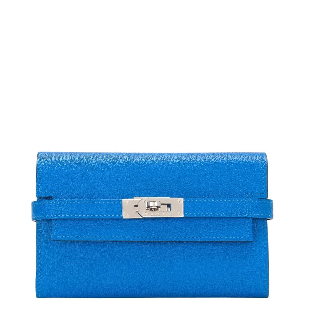 Hermès Bleu Hydra Chevre Medium Bifold Kelly Wallet Palladium Hardware
